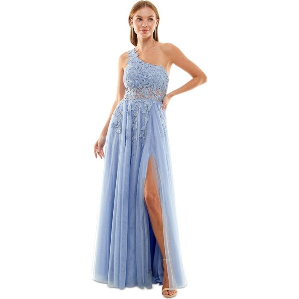 Say Yes to the Prom Womens Juniors Rhinestone Sheer Midriff Slit One Shoulder...